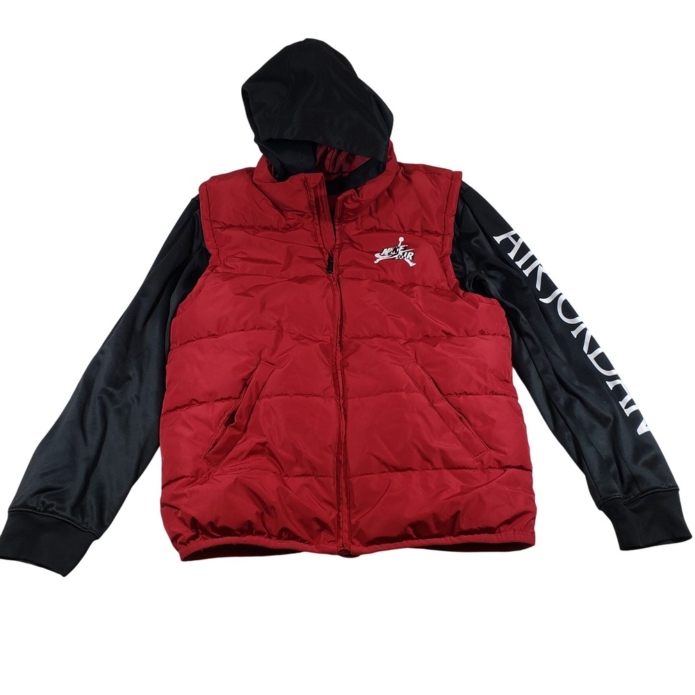 Jordan Puffer Vest Jacket Red Black Nike Air Logo Hooded‎ Boys Youth 13-15 Yrs